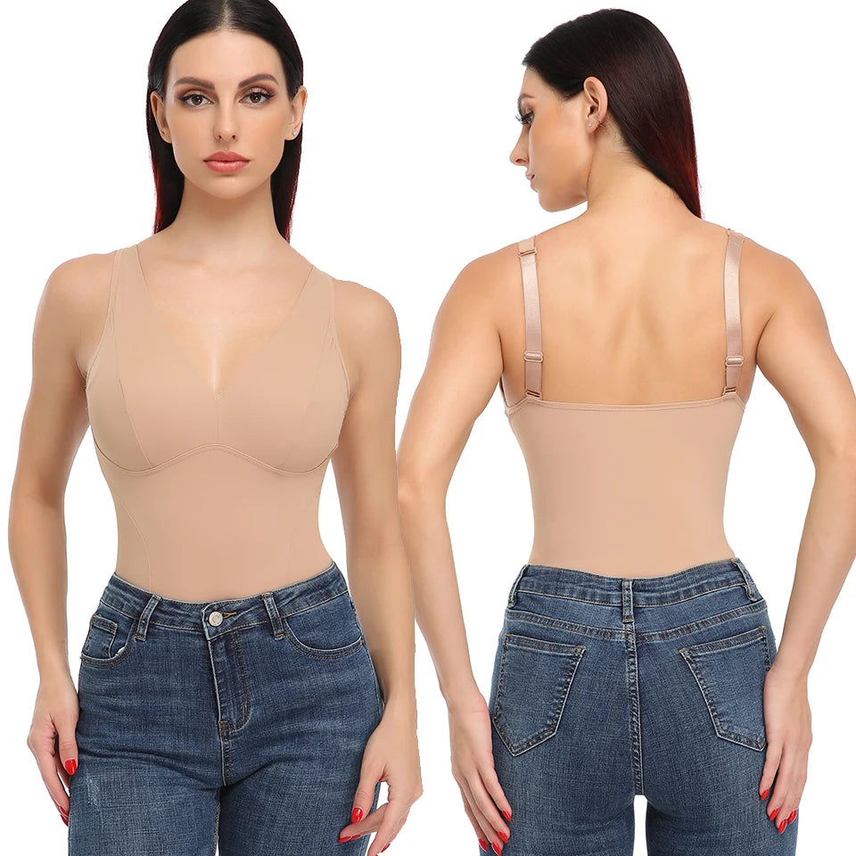 Shapewear Bodysuit Thong Shaper for Women Waist Trainer Body Shaper Deep V Neck Slimming Underwear Built-in Bra Camisoles Tops