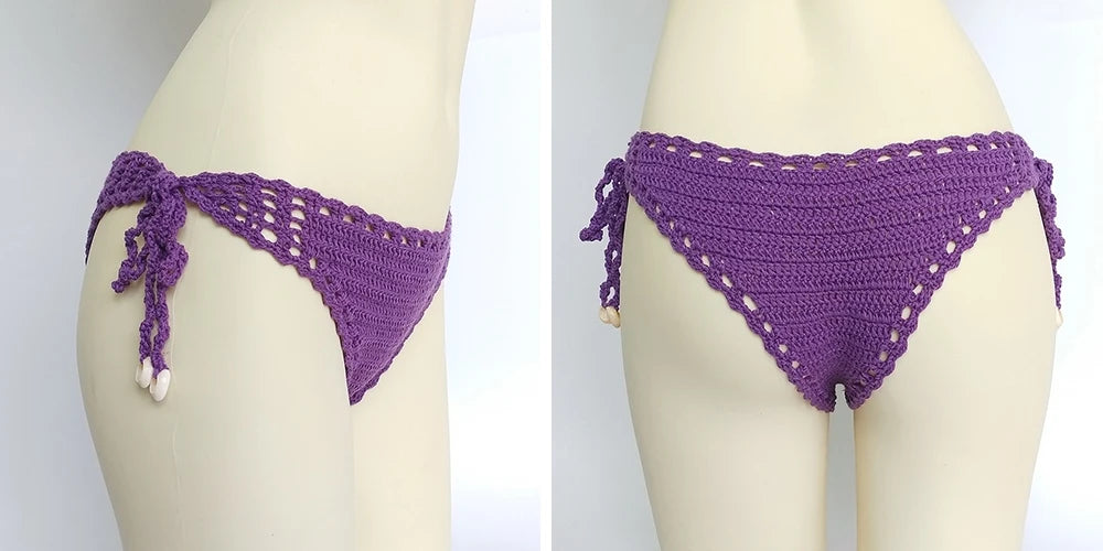 Women's Sport Sexy Bikini Thong Handmade Crochet Swimwear Bikini Bottom Hollow-out Low Waist Bathing Suit Bottoms