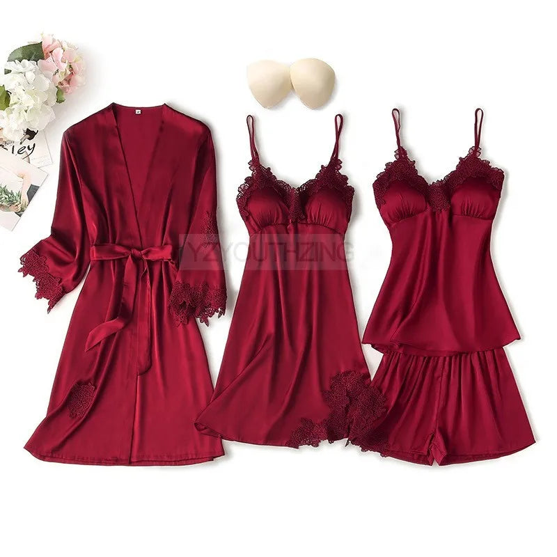 Pajama Set Women Lace Trim Satin Sleepwear Pyjamas Pour Femme Summer Nightwear With Pants Casual Home Wear Kimono Robe Gown PJS