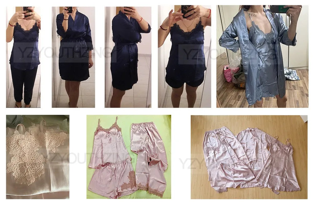 Pajama Set Women Lace Trim Satin Sleepwear Pyjamas Pour Femme Summer Nightwear With Pants Casual Home Wear Kimono Robe Gown PJS