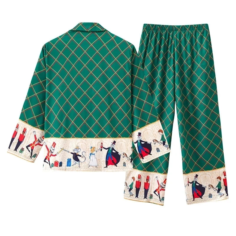 Satin Pajamas Set Spring Summer Home Suit with Pant Women's Print Pijama Suit Silk Pijama Set Sleepwear for Female Pyjamas