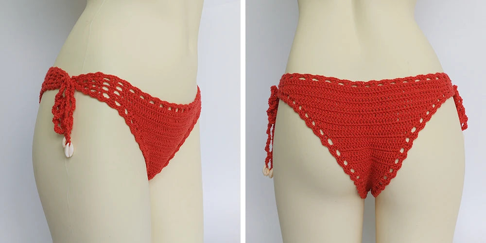 Women's Sport Sexy Bikini Thong Handmade Crochet Swimwear Bikini Bottom Hollow-out Low Waist Bathing Suit Bottoms
