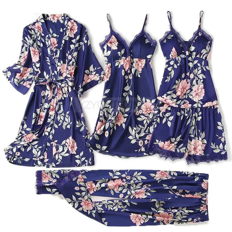 Pajama Set Women Lace Trim Satin Sleepwear Pyjamas Pour Femme Summer Nightwear With Pants Casual Home Wear Kimono Robe Gown PJS