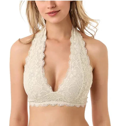 Sexy Floral Lace Halter Bra Bralette Wirefree Lace Bra Top Hook and Eye Closure Back Unpadded