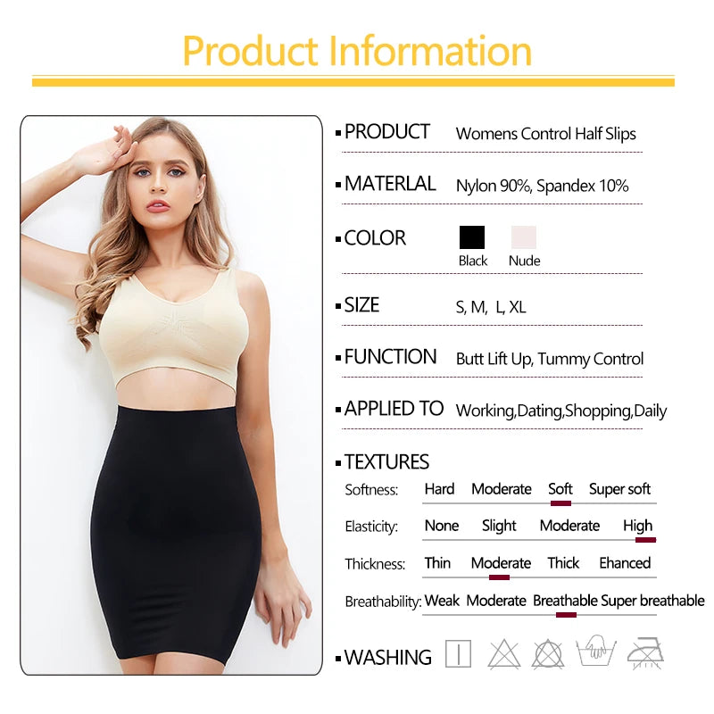 Women Half Slips for Under Dresses High Waist Underskirt Seamless Skirt Shapewear Tummy Control Body Shaper Slimming Underwear