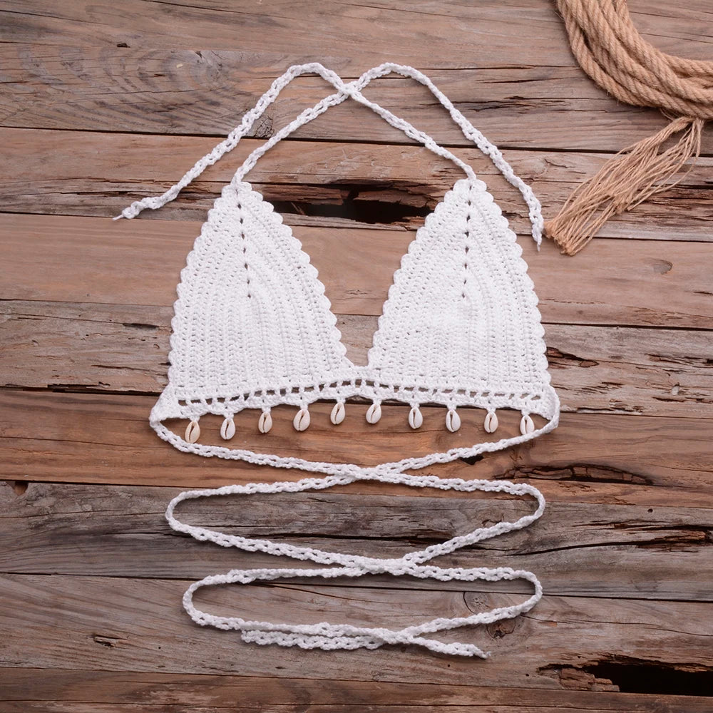 Knitted Bra Top Bikini Set Womens Swimsuit Handemade Crochet Bikini Cover Up Tassel Beach Long Wrap Skirt Sarong Immadman 7004