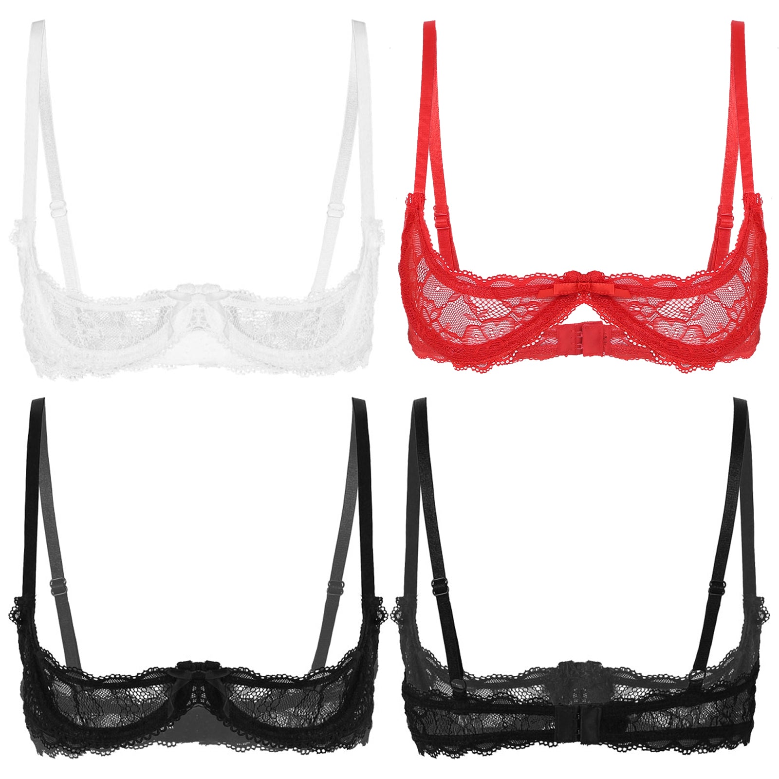 Women's Sheer Lace Lingerie Sexy Half Cup Bare  Breast Underwire Push Up Bra Tops Adjustable Straps Unlined Brassiere