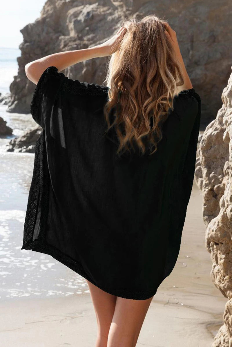 Sexy Beach Cover Up Women Bikini Pocket Swimsuit Cover Up Hollow Out T-shirt White Bathing Suit Cover-Ups Tunics Beachwear Robe