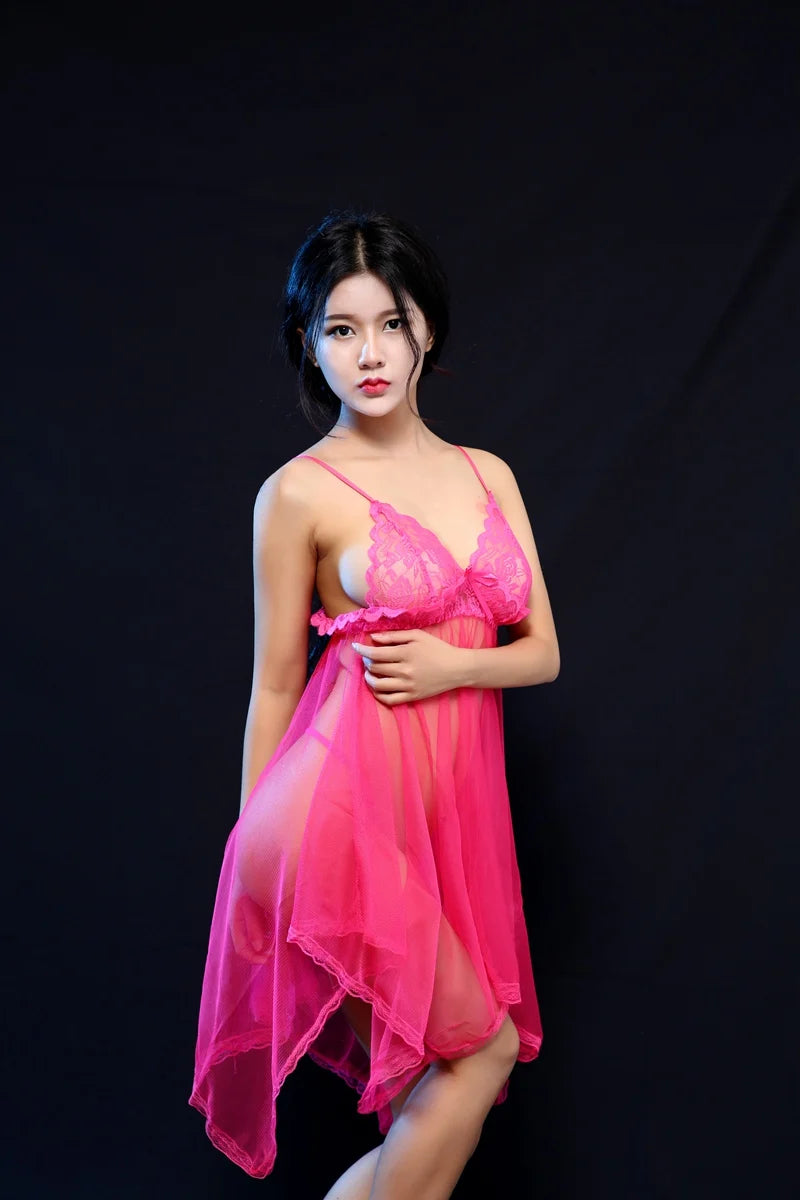 Sexy Sleepwear Lace Lingerie Set Chiffon Nightdress Nightgown Transparent Pajamas Pijamas Women Night Dress Nightwear With Thong