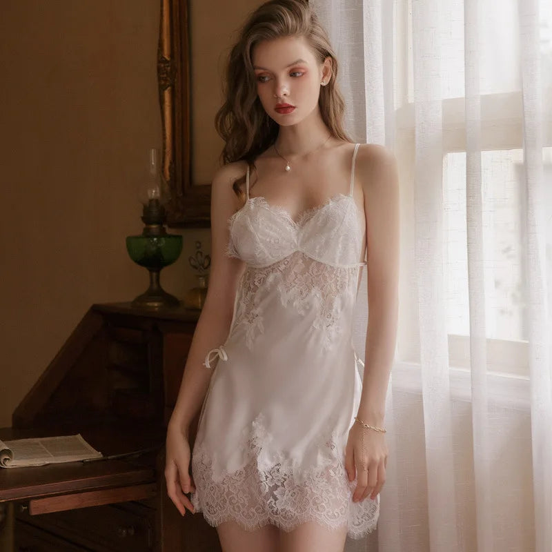 Beauty Back Lingerie Eyelash Lace Sling Nightdress Vintage Nightgowns Sexy Sleepwear Silk Dress Women Night Gown Sleep Tops