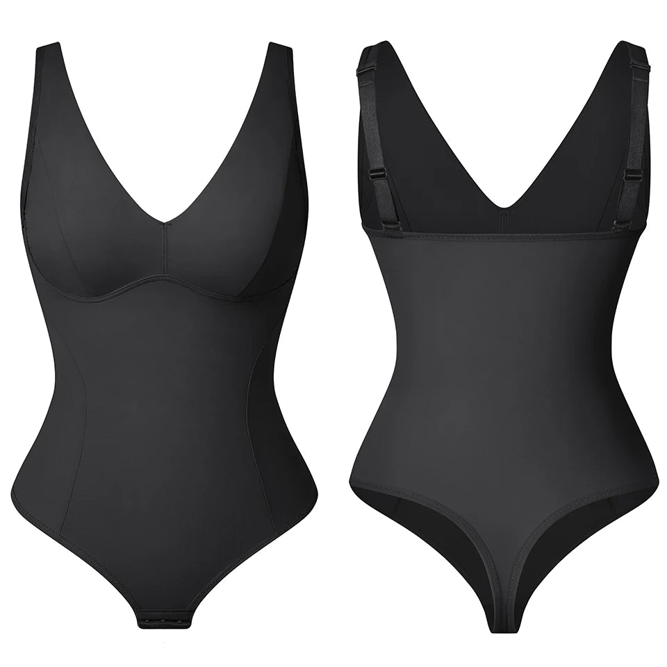 Shapewear Bodysuit Thong Shaper for Women Waist Trainer Body Shaper Deep V Neck Slimming Underwear Built-in Bra Camisoles Tops