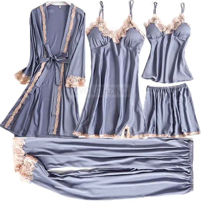 Pajama Set Women Lace Trim Satin Sleepwear Pyjamas Pour Femme Summer Nightwear With Pants Casual Home Wear Kimono Robe Gown PJS