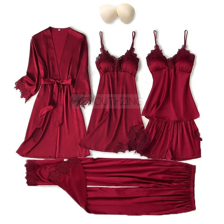 Pajama Set Women Lace Trim Satin Sleepwear Pyjamas Pour Femme Summer Nightwear With Pants Casual Home Wear Kimono Robe Gown PJS