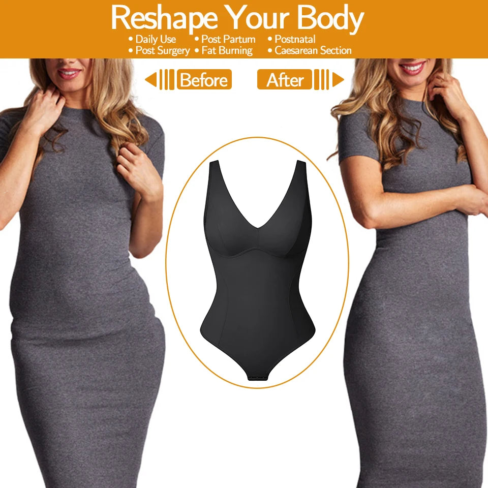 Shapewear Bodysuit Thong Shaper for Women Waist Trainer Body Shaper Deep V Neck Slimming Underwear Built-in Bra Camisoles Tops
