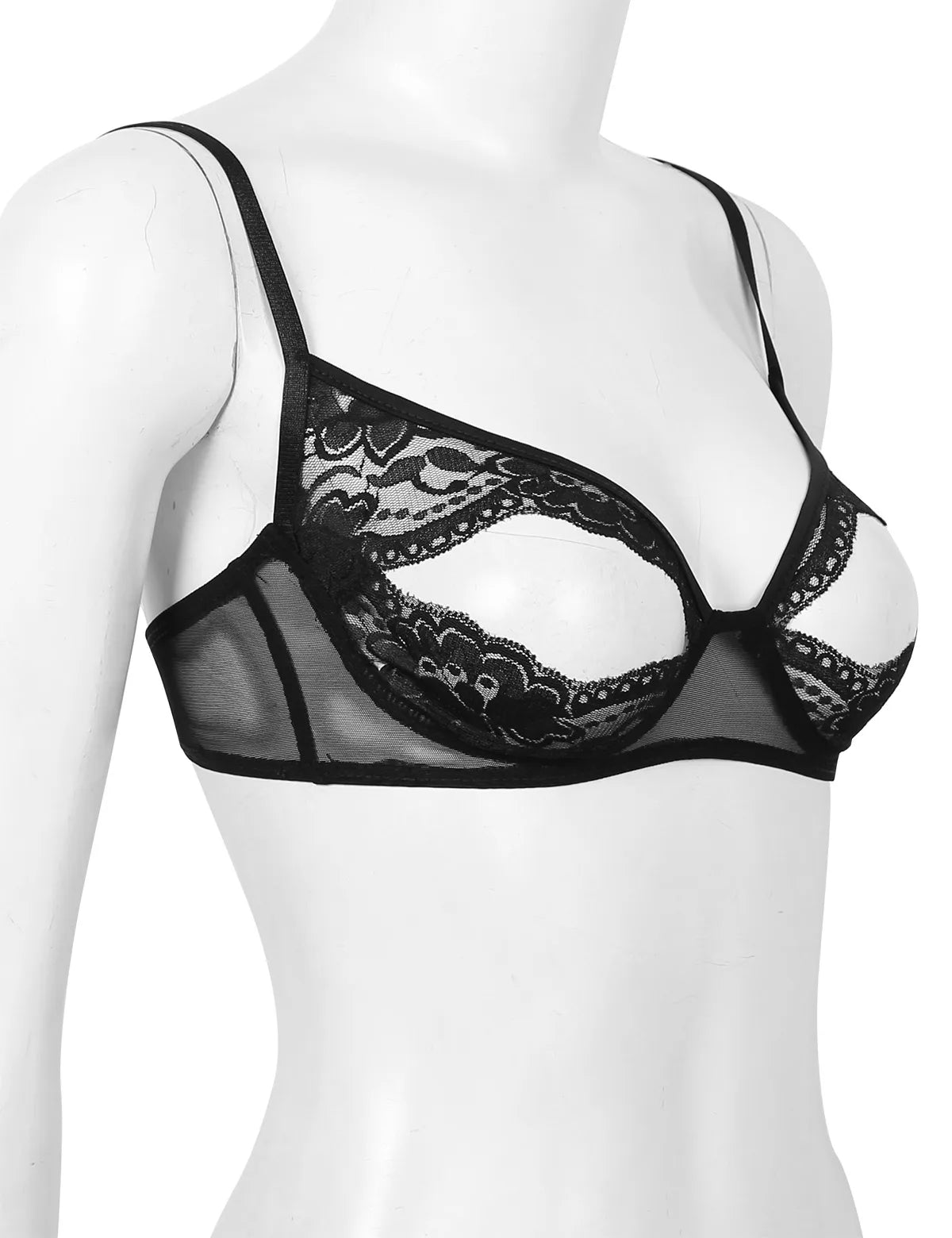 Womens Sheer Mesh Floral Lace Nipple Split Wire-Free Unlined Bikini Bra Triangle Bralette Exotic Open Cups Bras Plus Size