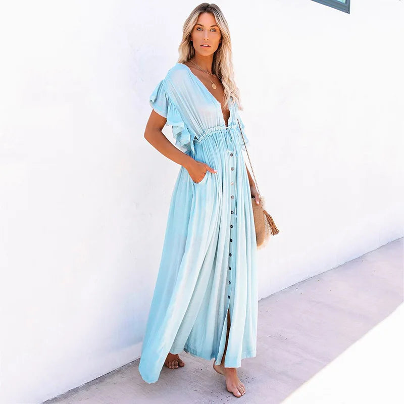 Women's Beach Cover Ups Button Down Sunscreen Bikini Swimwears Vacation Bamboo Maxi Sundress Oversized Bathing Suit Cover Ups