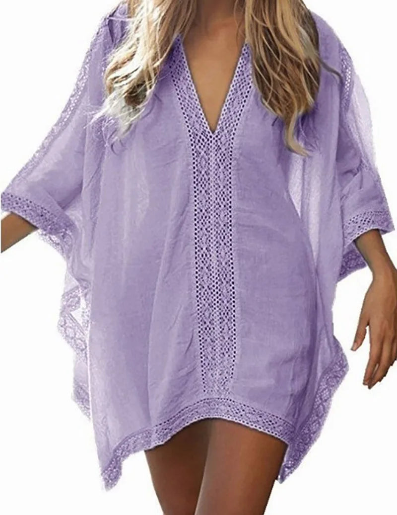 Sexy Beach Cover Up Women Bikini Pocket Swimsuit Cover Up Hollow Out T-shirt White Bathing Suit Cover-Ups Tunics Beachwear Robe