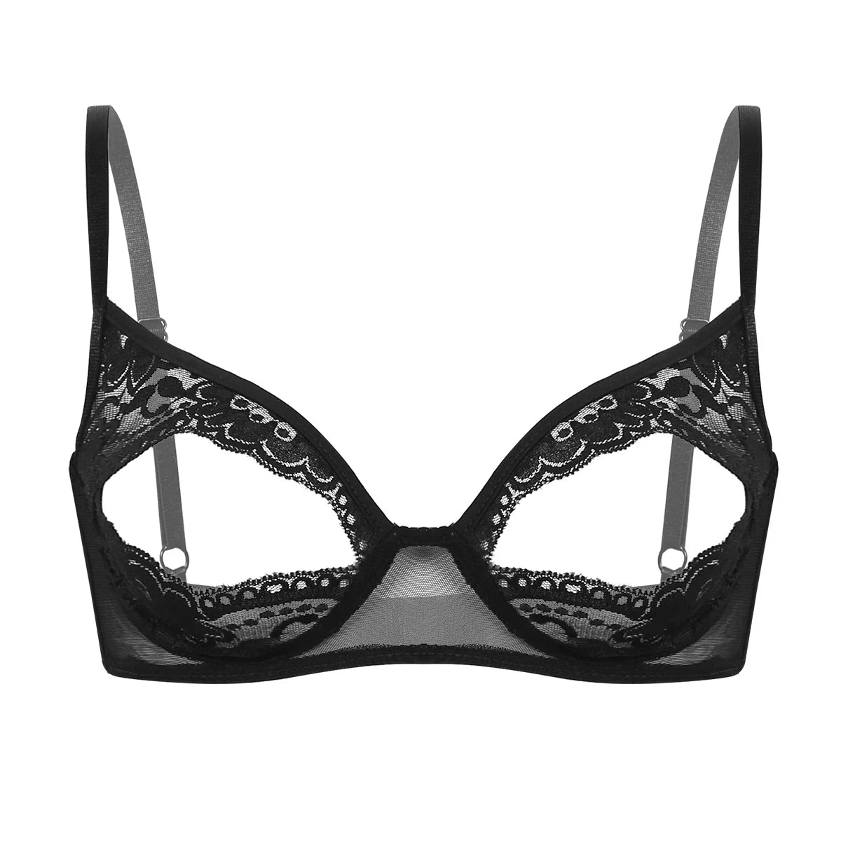 Women Sexy Hollow Out Bra Soft Sheer Lace Adjustable Straps Open Cut Exposed Nipples Brassiere Wire-free Lingerie Top Nightwear