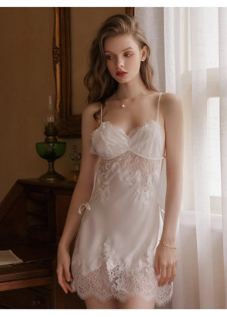 Beauty Back Lingerie Eyelash Lace Sling Nightdress Vintage Nightgowns Sexy Sleepwear Silk Dress Women Night Gown Sleep Tops