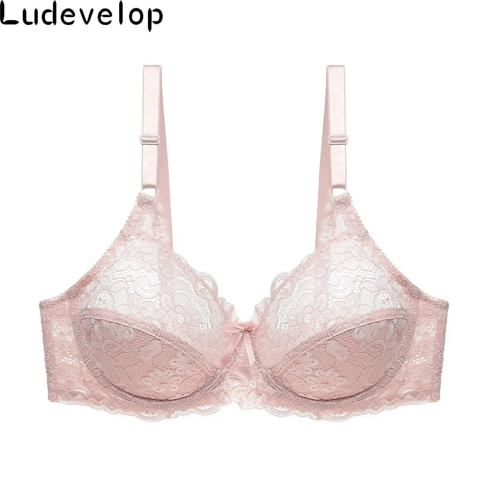 Women's Ultra Thin Bra Full Coverage Sexy Soft Underwire Lace Padded Brassiere Minimizer Bh Plus Size C DD E DDD Cup