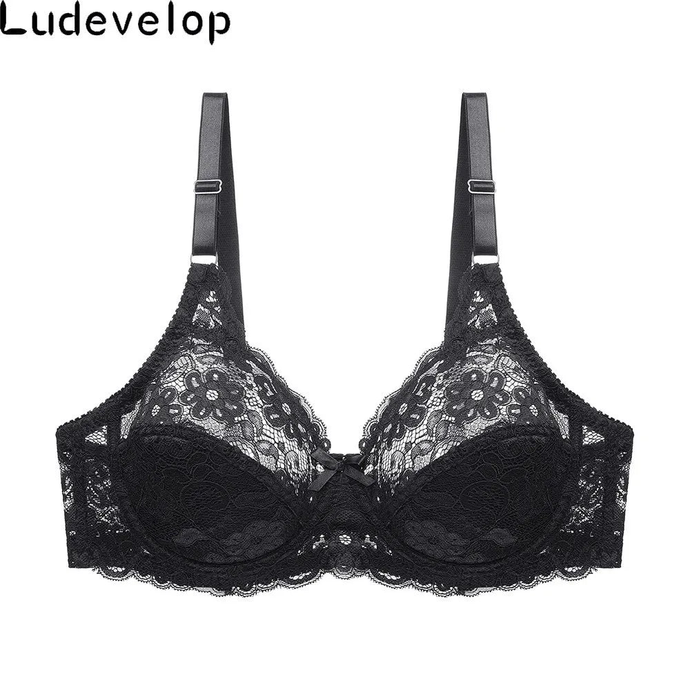 Women's Ultra Thin Bra Full Coverage Sexy Soft Underwire Lace Padded Brassiere Minimizer Bh Plus Size C DD E DDD Cup