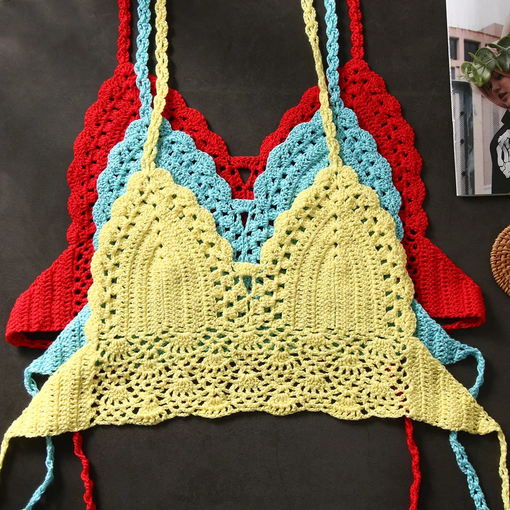 New Sexy Bikini Crop Top Crochet Boho Beach Camisoles Bikini Bralette Halter Cami Knitted Bra Women Backless Beachwear Tank Top
