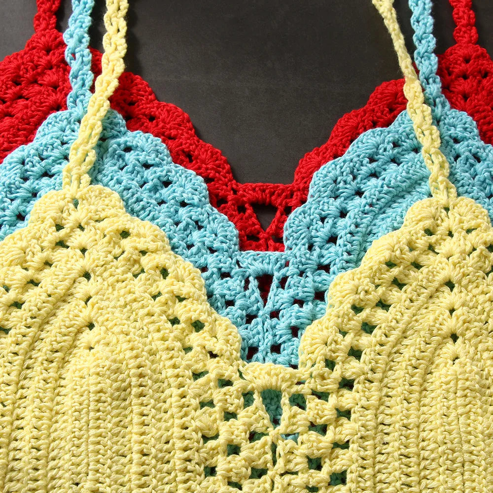 New Sexy Bikini Crop Top Crochet Boho Beach Camisoles Bikini Bralette Halter Cami Knitted Bra Women Backless Beachwear Tank Top