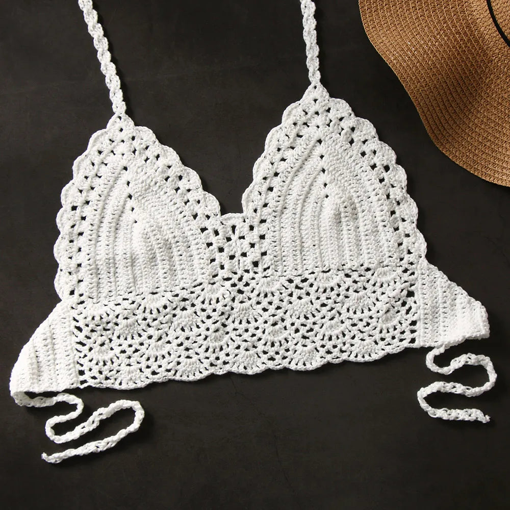 New Sexy Bikini Crop Top Crochet Boho Beach Camisoles Bikini Bralette Halter Cami Knitted Bra Women Backless Beachwear Tank Top