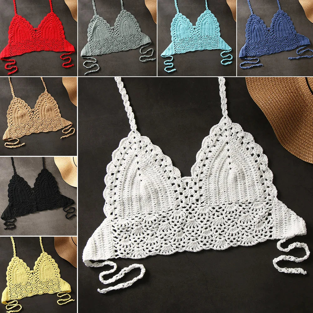 New Sexy Bikini Crop Top Crochet Boho Beach Camisoles Bikini Bralette Halter Cami Knitted Bra Women Backless Beachwear Tank Top
