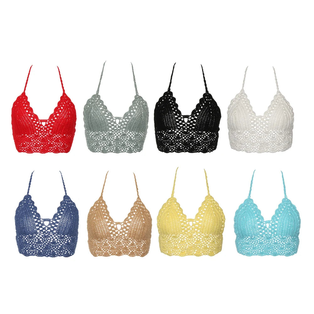 New Sexy Bikini Crop Top Crochet Boho Beach Camisoles Bikini Bralette Halter Cami Knitted Bra Women Backless Beachwear Tank Top