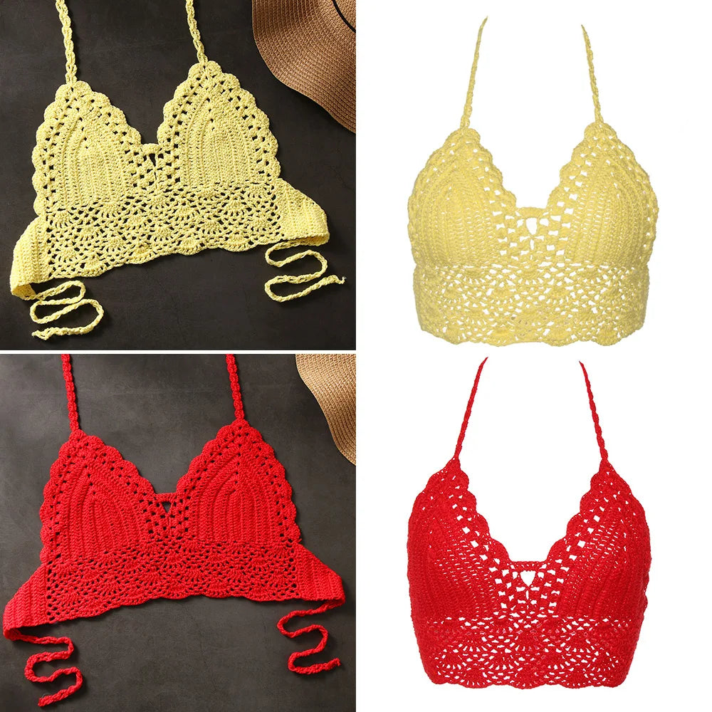 New Sexy Bikini Crop Top Crochet Boho Beach Camisoles Bikini Bralette Halter Cami Knitted Bra Women Backless Beachwear Tank Top