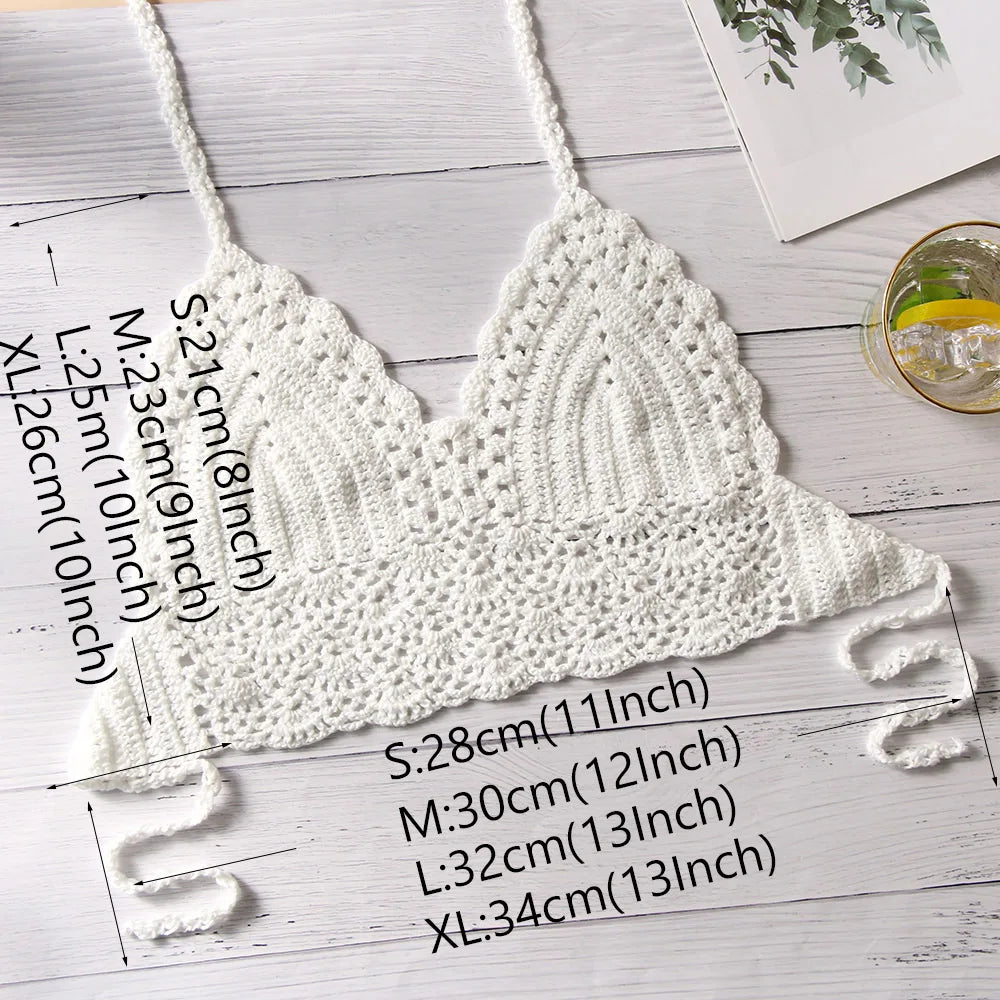 New Sexy Bikini Crop Top Crochet Boho Beach Camisoles Bikini Bralette Halter Cami Knitted Bra Women Backless Beachwear Tank Top