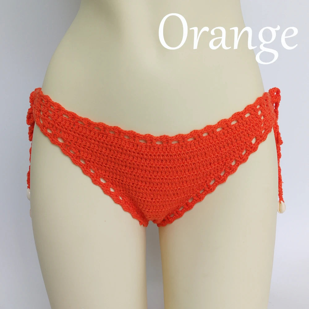 Women's Sport Sexy Bikini Thong Handmade Crochet Swimwear Bikini Bottom Hollow-out Low Waist Bathing Suit Bottoms