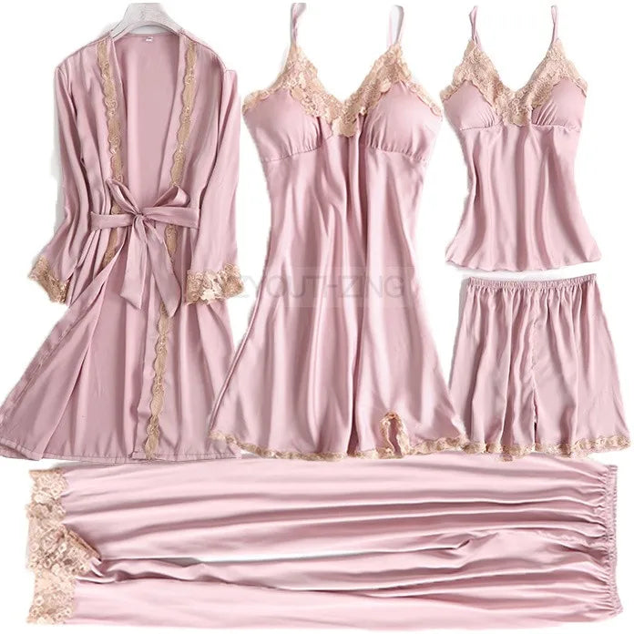 Pajama Set Women Lace Trim Satin Sleepwear Pyjamas Pour Femme Summer Nightwear With Pants Casual Home Wear Kimono Robe Gown PJS