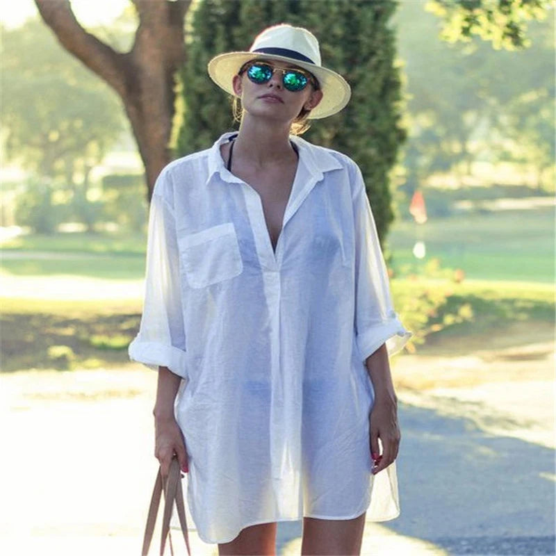 Sexy Beach Cover Up Women Bikini Pocket Swimsuit Cover Up Hollow Out T-shirt White Bathing Suit Cover-Ups Tunics Beachwear Robe