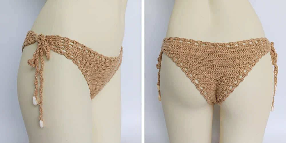 Women's Sport Sexy Bikini Thong Handmade Crochet Swimwear Bikini Bottom Hollow-out Low Waist Bathing Suit Bottoms