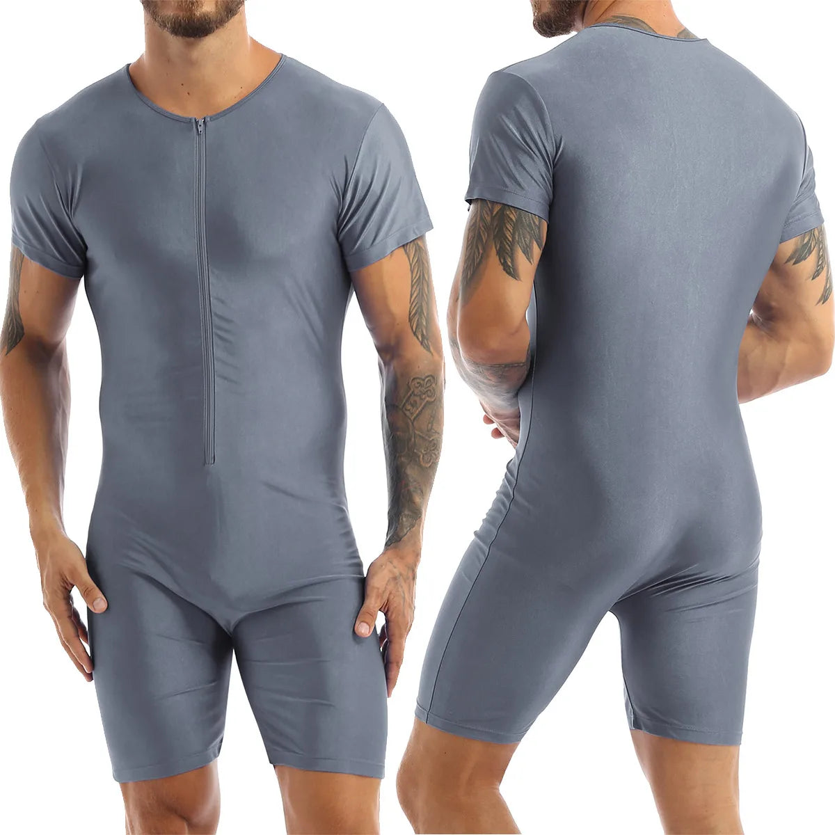 Mens One-piece Swimwear Short Sleeve Zipper Glossy Soft Boxer Bodysuit Swimsuit Beach Pool Party Bathing Suit Rash Guard Wetsuit