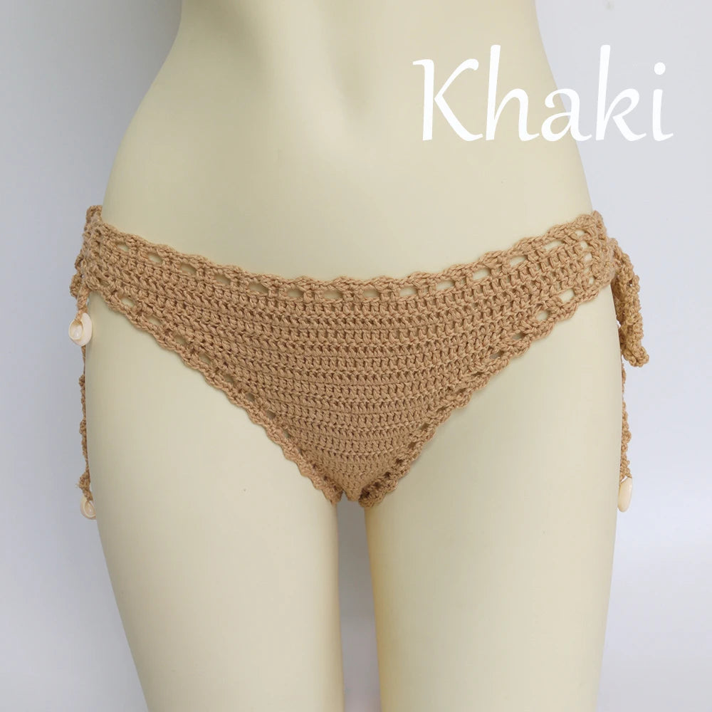 Women's Sport Sexy Bikini Thong Handmade Crochet Swimwear Bikini Bottom Hollow-out Low Waist Bathing Suit Bottoms