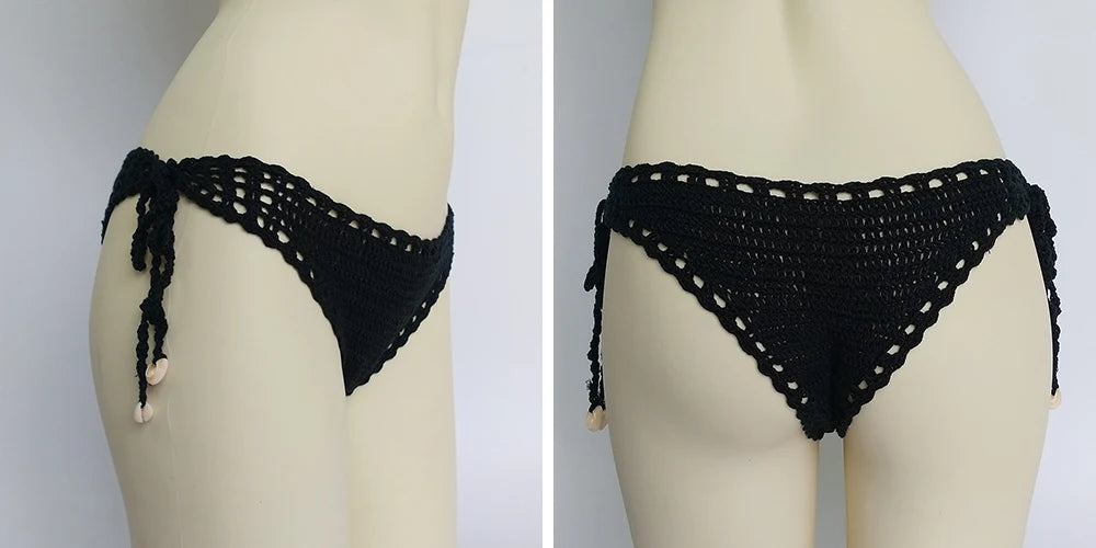 Women's Sport Sexy Bikini Thong Handmade Crochet Swimwear Bikini Bottom Hollow-out Low Waist Bathing Suit Bottoms