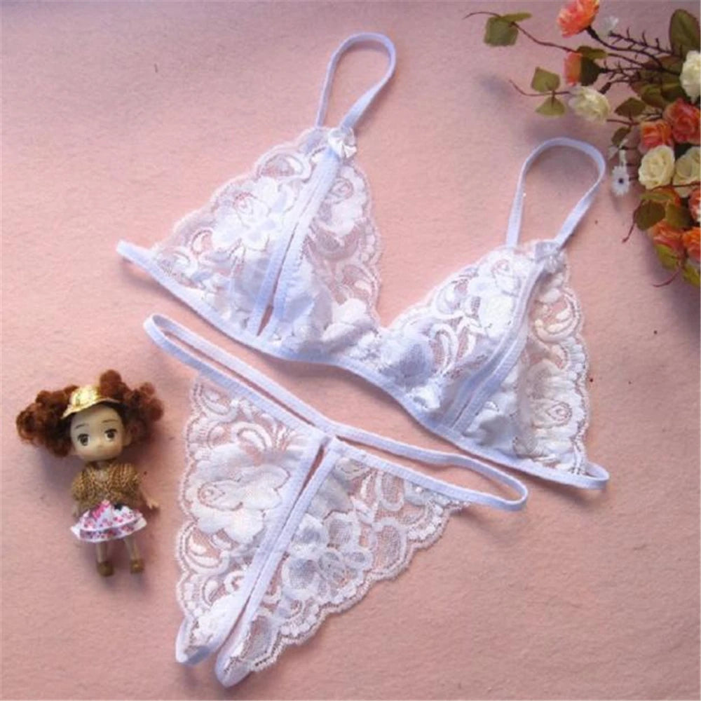 Sexy Lace Transparent Lingerie Set For Couple Sex Hanging Neck Bra Open Crotch Panties Erotic Underwear Lenceria Sensual Mujer