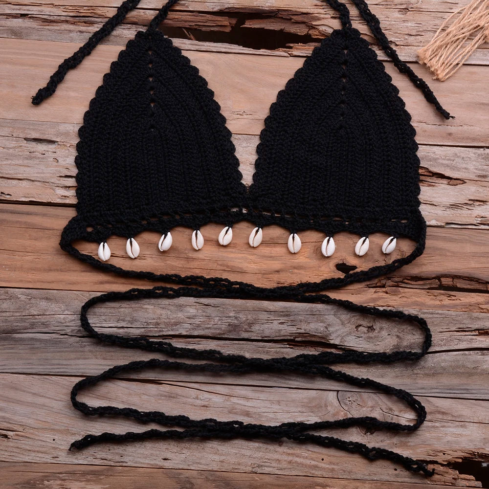 Knitted Bra Top Bikini Set Womens Swimsuit Handemade Crochet Bikini Cover Up Tassel Beach Long Wrap Skirt Sarong Immadman 7004