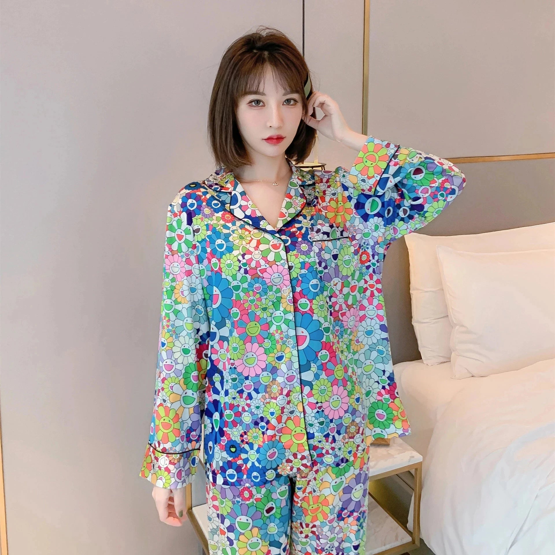 Satin Pajamas Set Spring Summer Home Suit with Pant Women's Print Pijama Suit Silk Pijama Set Sleepwear for Female Pyjamas