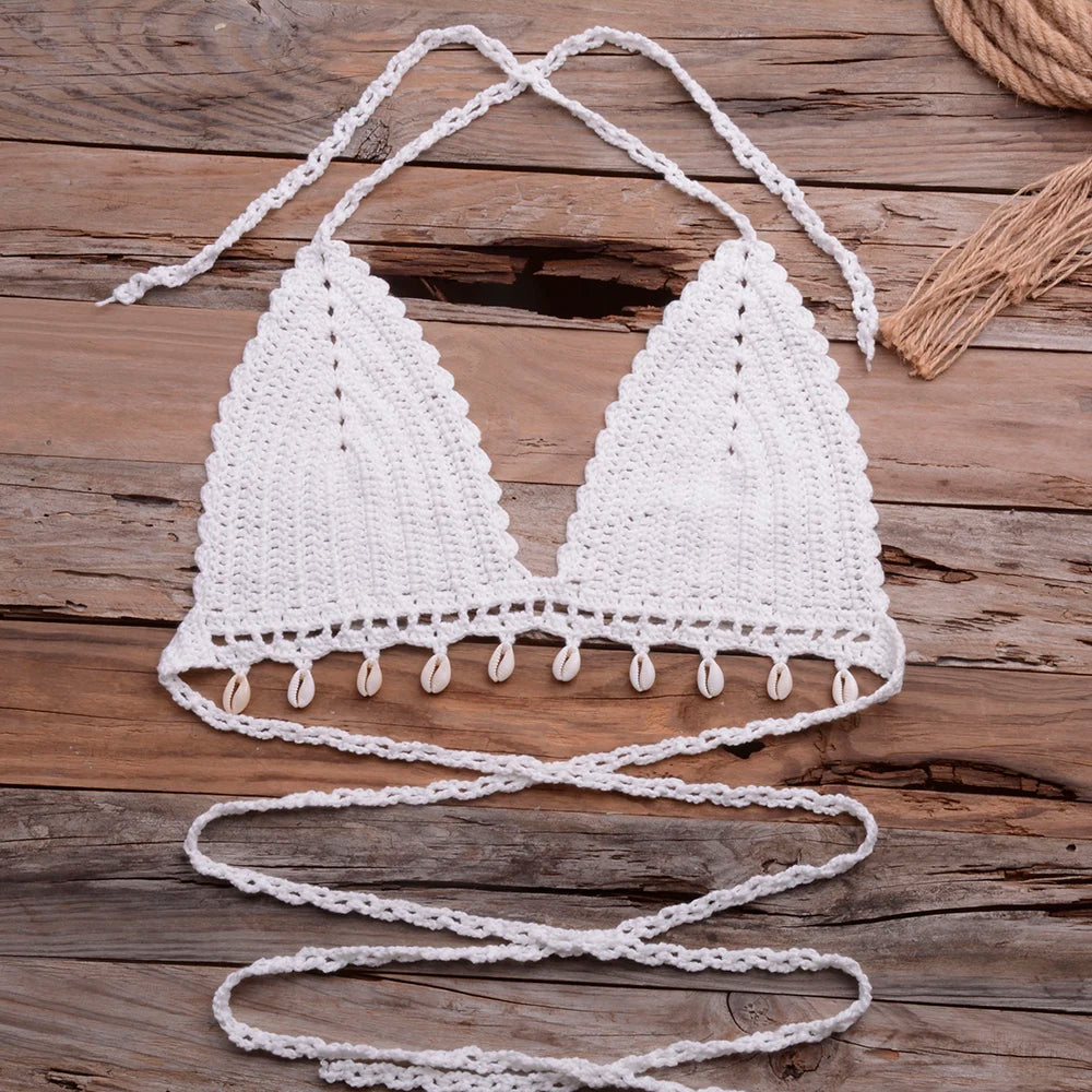 Knitted Bra Top Bikini Set Womens Swimsuit Handemade Crochet Bikini Cover Up Tassel Beach Long Wrap Skirt Sarong Immadman 7004