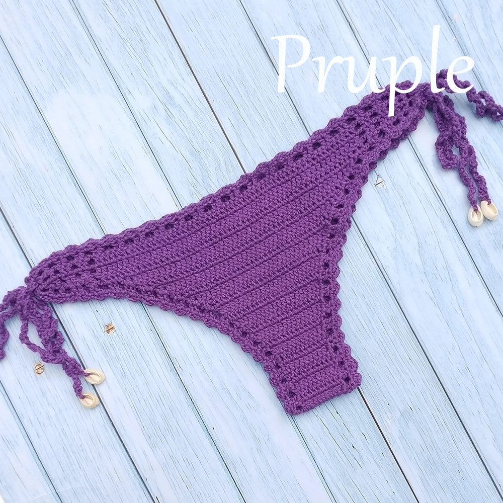 Women's Sport Sexy Bikini Thong Handmade Crochet Swimwear Bikini Bottom Hollow-out Low Waist Bathing Suit Bottoms