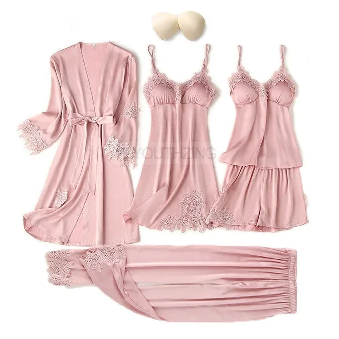 Pajama Set Women Lace Trim Satin Sleepwear Pyjamas Pour Femme Summer Nightwear With Pants Casual Home Wear Kimono Robe Gown PJS