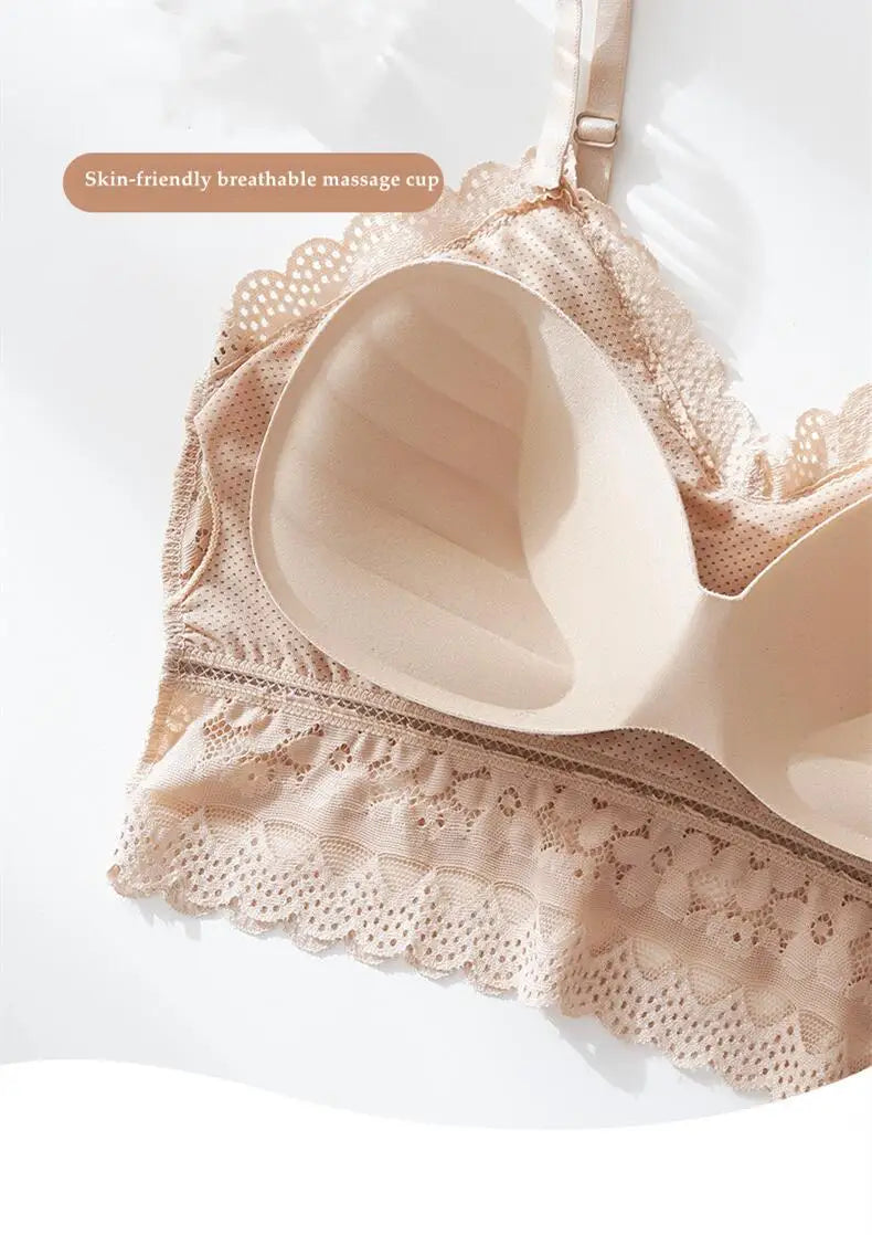 Wireless Embroidery Lace Bra Ice Silk Sling Women Underwear Sexy And Beautiful Back Tops Removable Chest Pad Brassiere