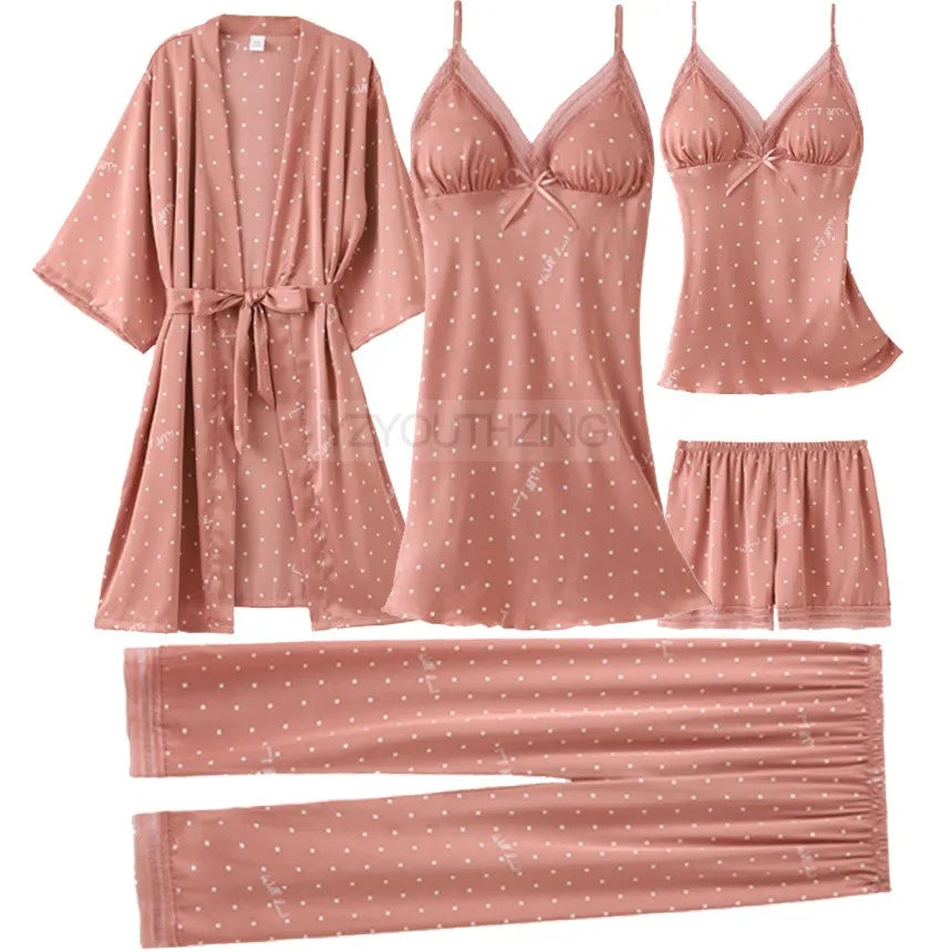 Pajama Set Women Lace Trim Satin Sleepwear Pyjamas Pour Femme Summer Nightwear With Pants Casual Home Wear Kimono Robe Gown PJS