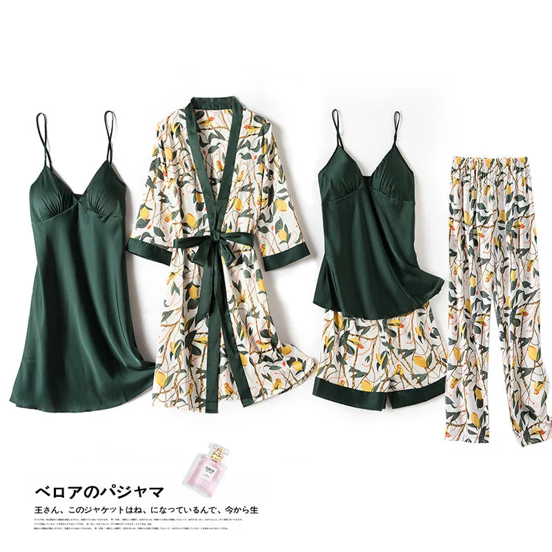 Pajamas for Women Pijama Mujer 4 Piece Set Sexy Ladies Pyjama Sleepwear Women Pajama Sets Sleep Lounge with Chest Pads Home Wear