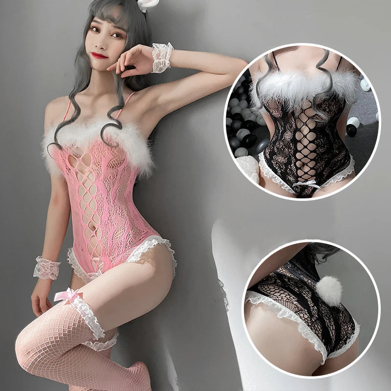 Sexy Lingerie For Women Erotic Fishnet Bodysuit See Through Costume Pink Lace Bunny Cosplay Bustier Stripper Clothes Lingere Set