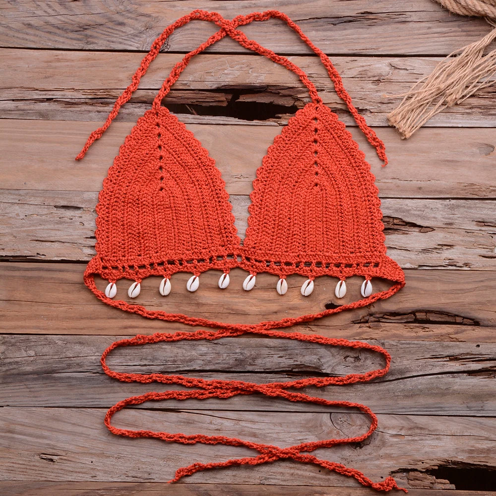 Knitted Bra Top Bikini Set Womens Swimsuit Handemade Crochet Bikini Cover Up Tassel Beach Long Wrap Skirt Sarong Immadman 7004